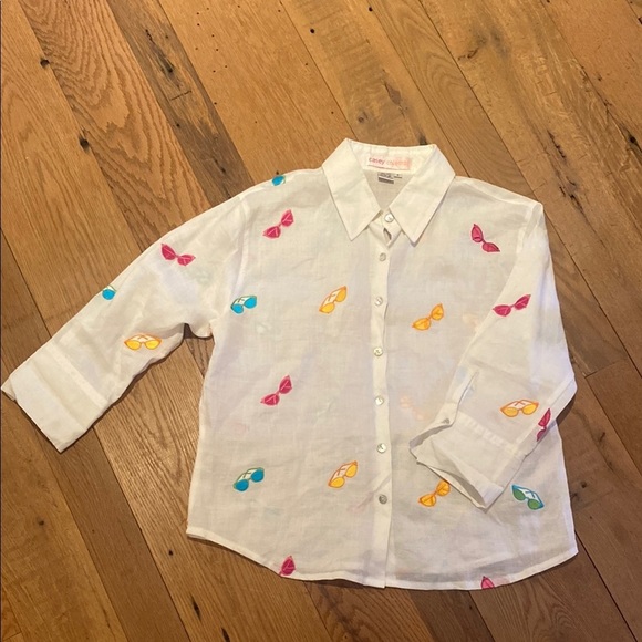 Casey Coleman White Linen Multi Color Embroidered Sunglasses 2/4 Sleeve Size M - Picture 1 of 10